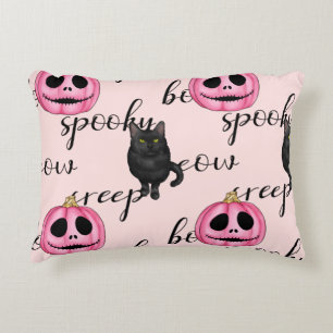Cojín Decorativo Calabaza Jack-O-Lantern rosa y gato negro