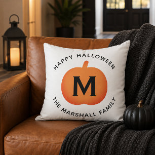 Cojín Decorativo Calabaza Naranja Clásica Monograma Familiar Hallow