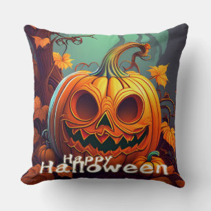 Cojín Decorativo Calabaza naranja espeluznante con cara, Halloween
