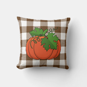 Cojín Decorativo Calabaza naranja sobre patrón de cuadros marrones