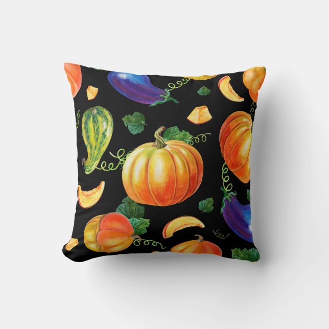 Cojín Decorativo Calabaza naranja, zucchini a rayas, berenjena azul (Anverso)