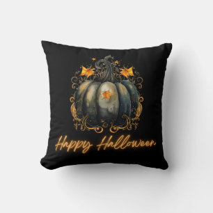 Cojín Decorativo Calabaza Negra Hojas Negro y Dorado Feliz Hallowee