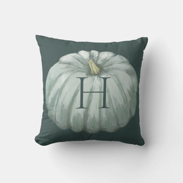Cojín Decorativo Calabaza Verde azulada de otoño monogramada (Anverso)