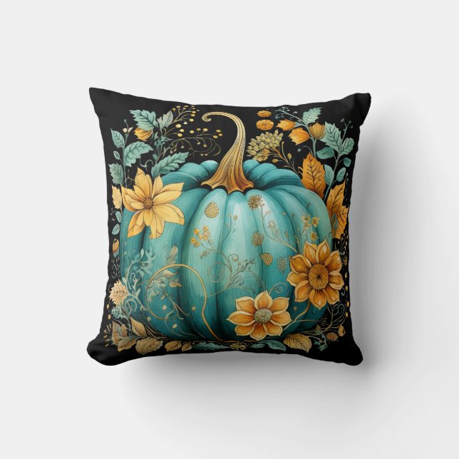 Cojín Decorativo Calabaza verde azulada otoño Boho otoño cae negro (Anverso)