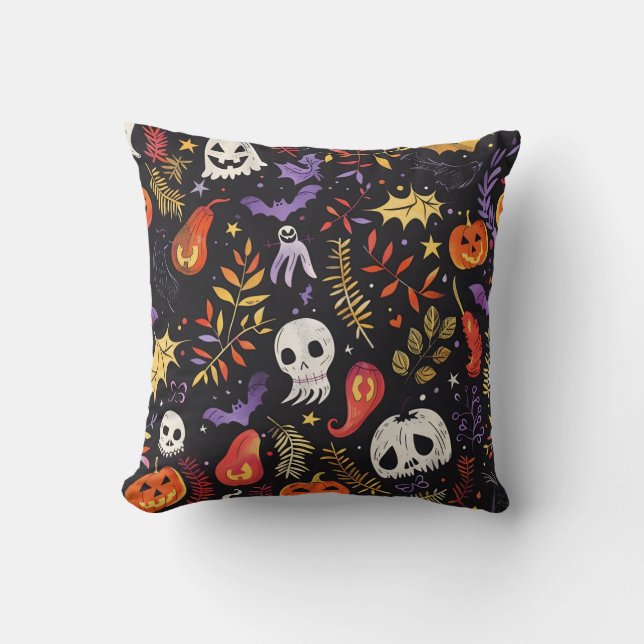 Cojín Decorativo Calabaza y patrón de cráneo (Anverso)