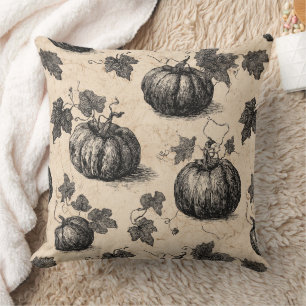 Cojín Decorativo Calabaza y Vid de Carbón Rústico de Otoño