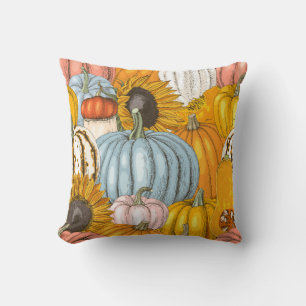 Cojín Decorativo Calabazas brillantes, girasoles, patrón dibujado a