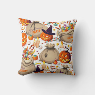 Cojín Decorativo Calabazas de Halloween, dulces coloridos, palmas s
