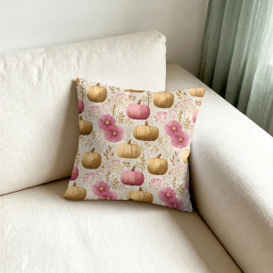 Cojín Decorativo Calabazas doradas y rosadas Diseño de otoño