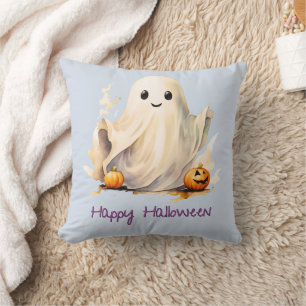 Cojín Decorativo Calabazas fantasma súper cortas azul feliz Hallowe