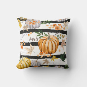 Cojín Decorativo Calabazas naranjas de otoño, flores, hojas, rayas