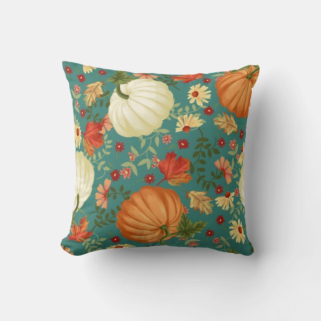 Cojín Decorativo Calabazas otoñales con un patrón de fondo verde az (Anverso)