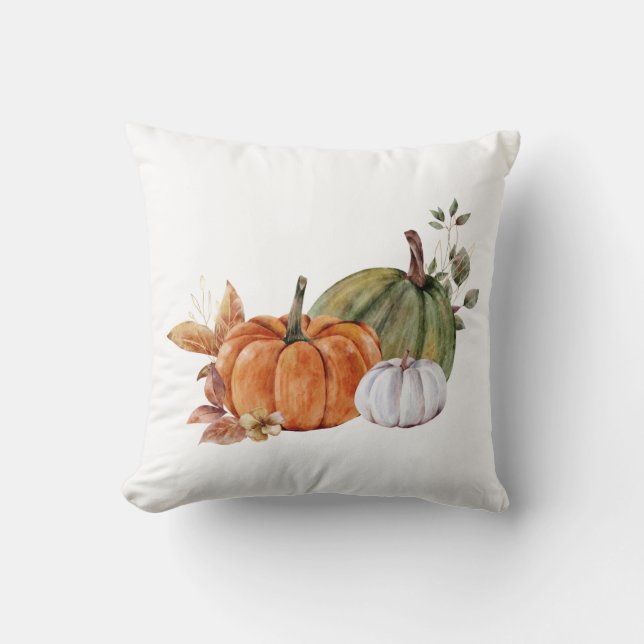 Cojín Decorativo Calabazas otoñales en Naranja, blanco y verde (Anverso)