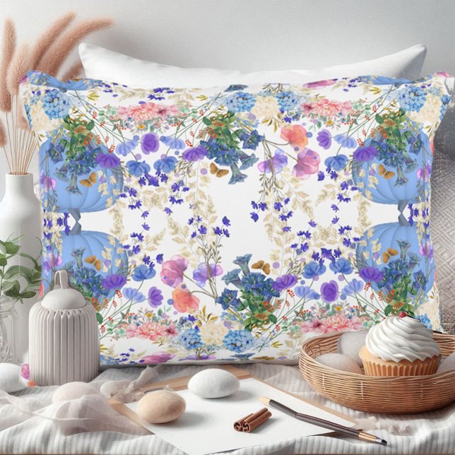 Cojín Decorativo Calabazas otoñales Pastel Azul Flora Botánica Nurs (Fall Pumpkins Pastel Blue Botanical Flora Nursery Accent Pillow)