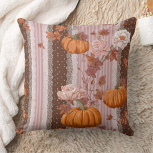 Cojín Decorativo Calabazas rusticas otoñales y encaje floral impeca