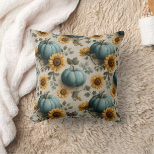 Cojín Decorativo Calabazas verde azuladas y girasoles dorados