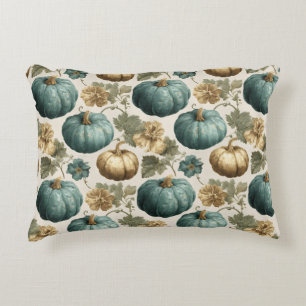 Cojín Decorativo Calabazas verde azuladas y patrón floral dorado