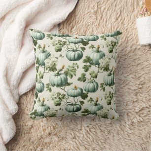 Cojín Decorativo Calabazas verdes sabrosas y flores otoñales
