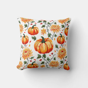 Cojín Decorativo Calabazas y Crisantemos Festivos de Otoño