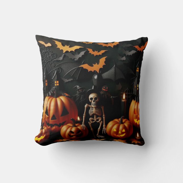 Cojín Decorativo Calabazas y esqueleto (Anverso)