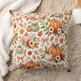 Cojín Decorativo Calabazas y Hojas de Acuarela de Cosecha de Otoño 