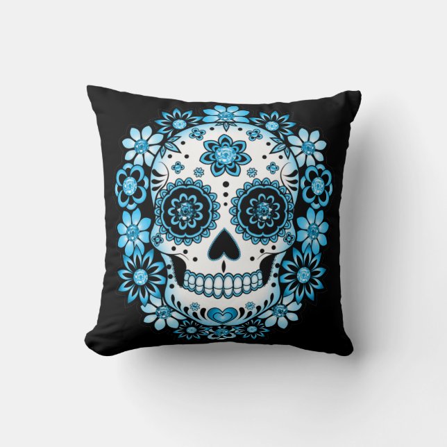 Cojín Decorativo Calavera azucarera azul (Anverso)