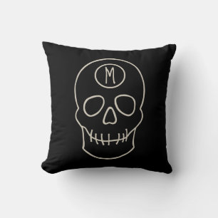 Cojín Decorativo Calavera blanca ósea en negro con monograma