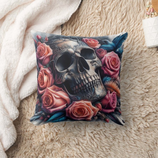 Cojín Decorativo Calavera con Rosas y pájaro azul (Manta)