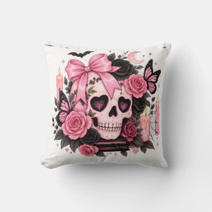 Cojín Decorativo Calavera Coqueta Gótica de Halloween con Lazo Rosa