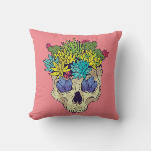 Cojín Decorativo Calavera, Cristales, Suculentos Con Fondo Rosa