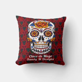 Cojín Decorativo Calavera de azúcar Cinco de Mayo Floral Roja