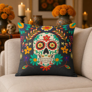 Cojín Decorativo Calavera de azúcar colorida floral del Día de Muer