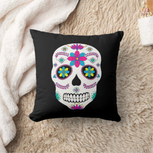 Cojín Decorativo Calavera de azúcar colorida mexicana