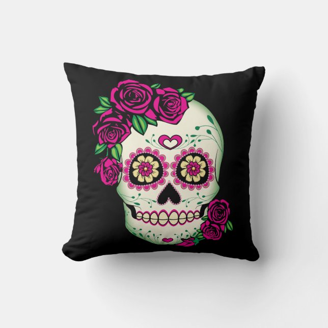 Cojín Decorativo Calavera de azúcar con Rosas (Anverso)