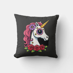 Cojín Decorativo Calavera de azúcar de unicornio arte mexicano, cam