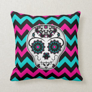 Cojín Decorativo Calavera de azúcar en rayas de chevron