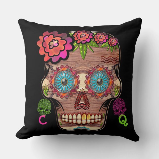Cojín Decorativo Calavera de azúcar en Woodie monogramada (Anverso)