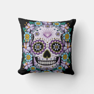 Cojín Decorativo Calavera de azúcar morado con flores