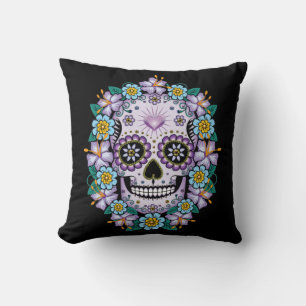 Cojín Decorativo Calavera de azúcar morado con flores