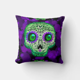 Cojín Decorativo Calavera de azúcar verde y morado con luz para Hal