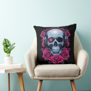 Cojín Decorativo Calavera de cibermuerte en neón y Rosas negros
