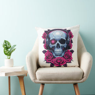 Cojín Decorativo Calavera de cibermuerte neonatal y Rosas blancos