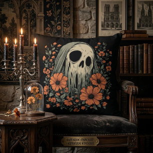 Cojín Decorativo Calavera de Fantasma Espeluznante con Flores Naran