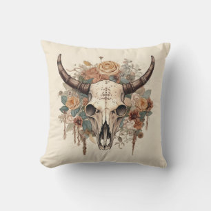 Cojín Decorativo Calavera de toro floral boho occidental