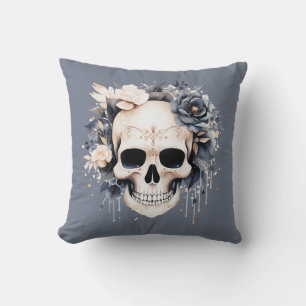Cojín Decorativo Calavera Decorada Flores Azules y Blancas Hallowee