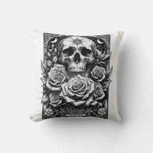 Cojín Decorativo Calavera del Pentáculo Rosas y Cráneo Arte Tarot