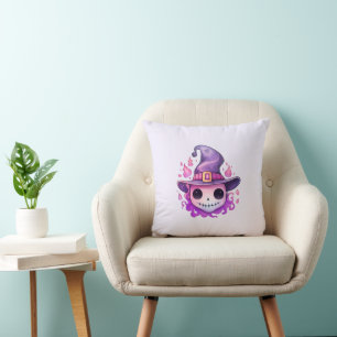 Cojín Decorativo Calavera en un sombrero de bruja caprichosa