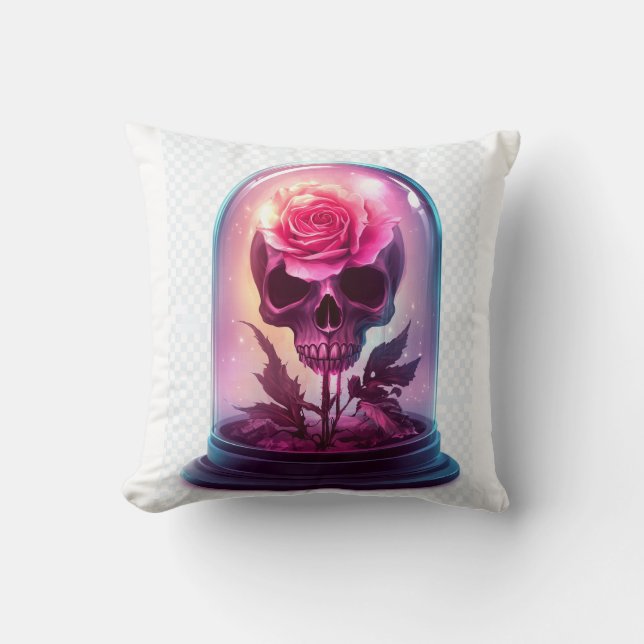 Cojín Decorativo Calavera en vidrio de rosa (Anverso)