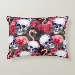 Cojín Decorativo Calavera floral, flamingo sin costuras.