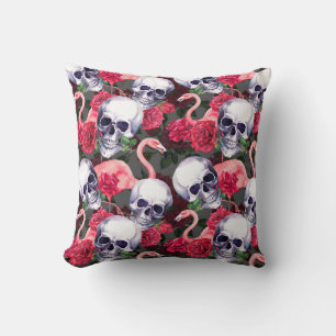 Cojín Decorativo Calavera floral, flamingo sin costuras.